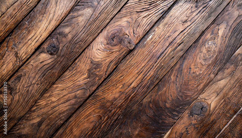 Naklejka premium Natural wood texture. Wood background. Dark rustic planks table top flat lay view.