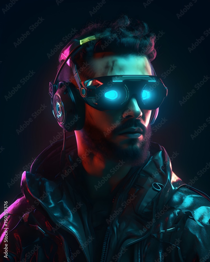 cyberpunk man wearing a futuristic headset, neon virtual glasses, and cyberpunk gear cyberpunk man wearing a futuristic headset, neon virtual glasses, and cyberpunk gear