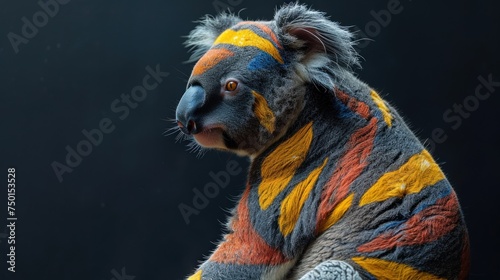 a close up of a stuffed koala bear wearing a colorful blanket on it's head with a black background. photo