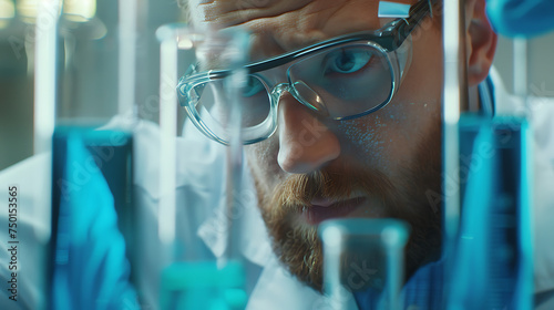 Um cientista em laboratório observando cuidadosamente líquido azul borbulhante em tubo de ensaio com equipamentos científicos ao fundo photo
