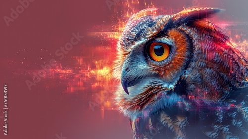 a close up of an owl's face with an orange and yellow eye on a red and pink background.