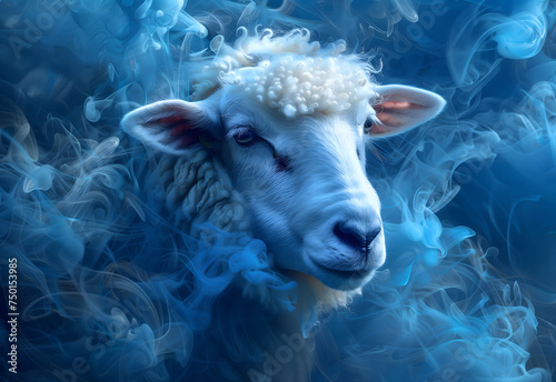 Serene Sheep Surrounded by Blue Mist Captured in Close-Up  © Vasyl