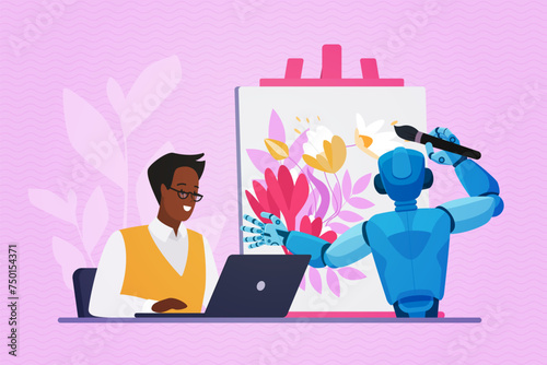 Creation of visual content with AI, automation of digital art. Author sitting at laptop using artificial intelligence, robot painting picture with brush and paints cartoon vector illustration © lembergvector