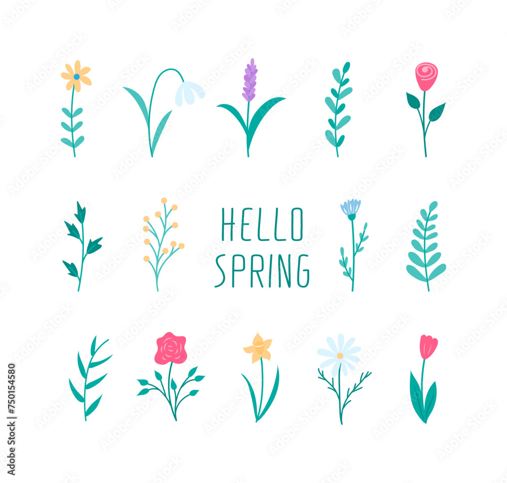 Spring flowers and floristic design elements set trendy minimalistic hand drawn style
