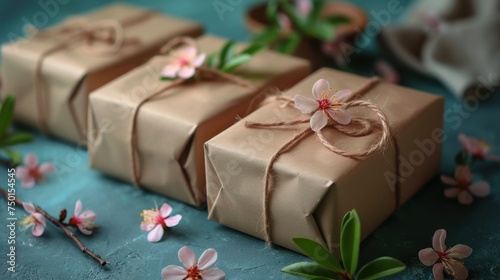 a close up of three wrapped presents on a table with flowers and a ribbon on the top of one of the boxes.