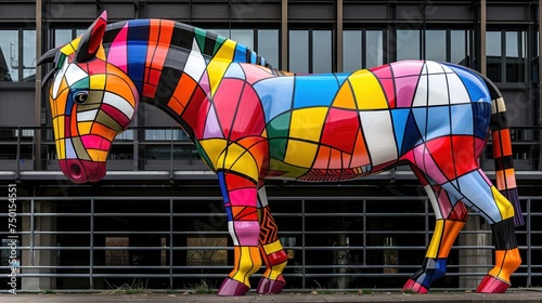 a large colorful horse statue in front of a building with a large glass building in the back ground and a tall building in the background. photo