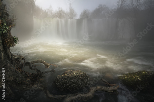 Cold and rainy winter morning at the El Peñon waterfall, in Pedrosa de Tobalina, Burgos, wrapped in fog and with the water running strongly photo