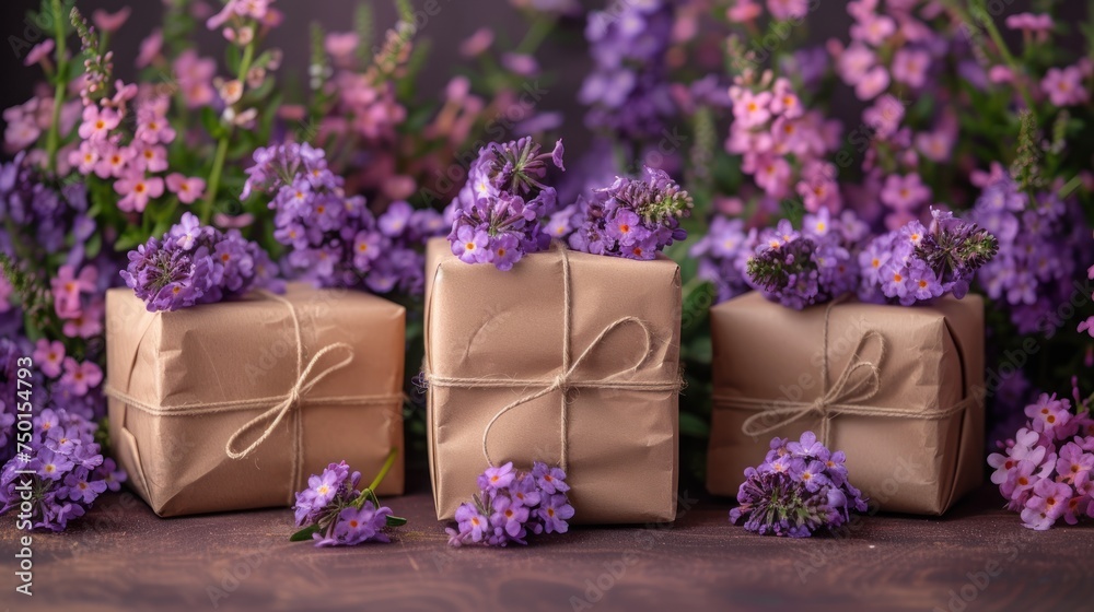 a couple of wrapped presents sitting on top of a table with purple flowers in front of a bunch of purple flowers. - obrazy, fototapety, plakaty 