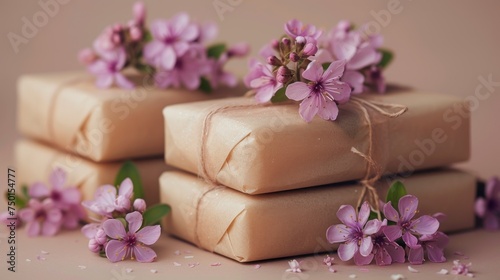 a group of soap bars wrapped in brown paper and tied with a string with purple flowers on top of them. photo