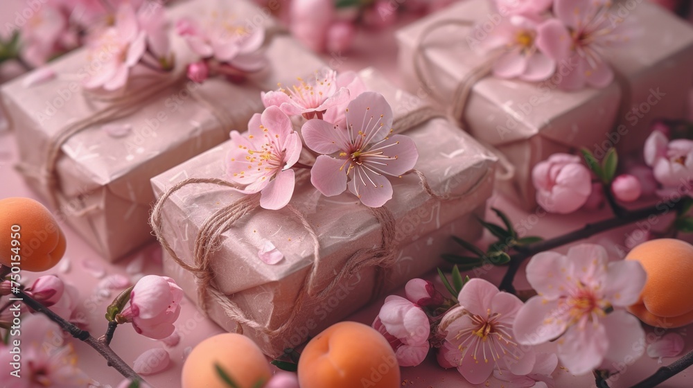 a group of wrapped presents sitting on top of a table next to pink flowers and oranges on a table. a group of wrapped presents sitting on top of a table next to pink flowers and oranges on a table.