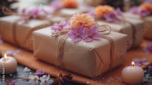 a group of wrapped presents sitting on top of a table next to two candles and flowers on top of a table. photo