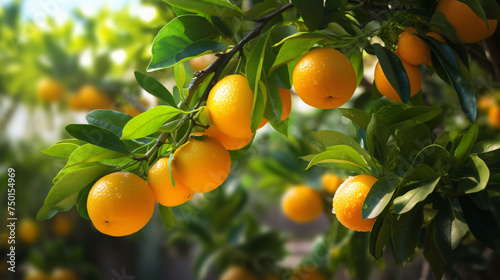 Ripe oranges hanging between the leaves on the branches of the trees of an organic citrus grove, in winter. Traditional agriculture.