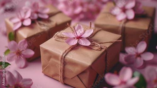 a group of wrapped presents sitting on top of a table next to a bunch of pink flowers on top of a table.