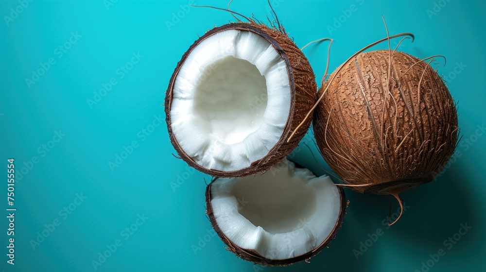 a couple of coconuts sitting on top of a blue surface with one cut in half and the other half open.