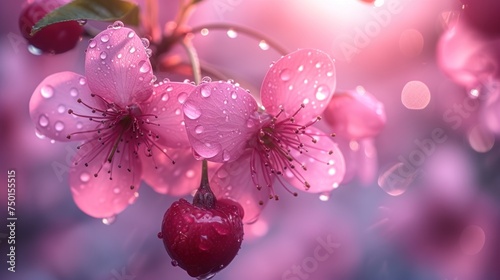 a close up of a cherry blossom with drops of water on it and a blurry background of pink flowers. photo