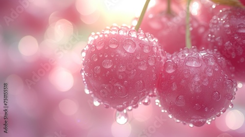 a close up of three cherries on a branch with water droplets on the drops of water on the cherries. photo