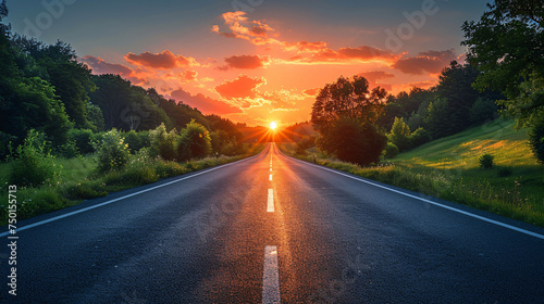 beautiful sun rising sky with asphalt highways road in rural scene use land transport and traveling background,backdrop photo
