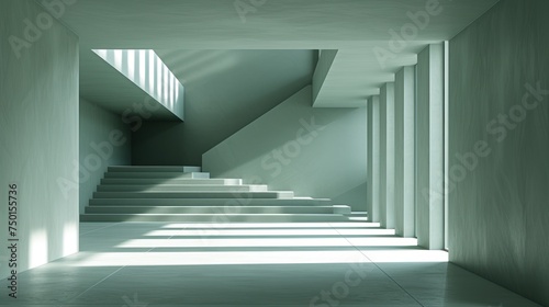 a set of stairs leading up to the top of a set of stairs in a room with light coming in from the ceiling. photo