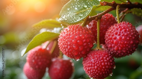 a bunch of raspberries hanging from a tree with drops of water on them and a green leaf in the foreground.