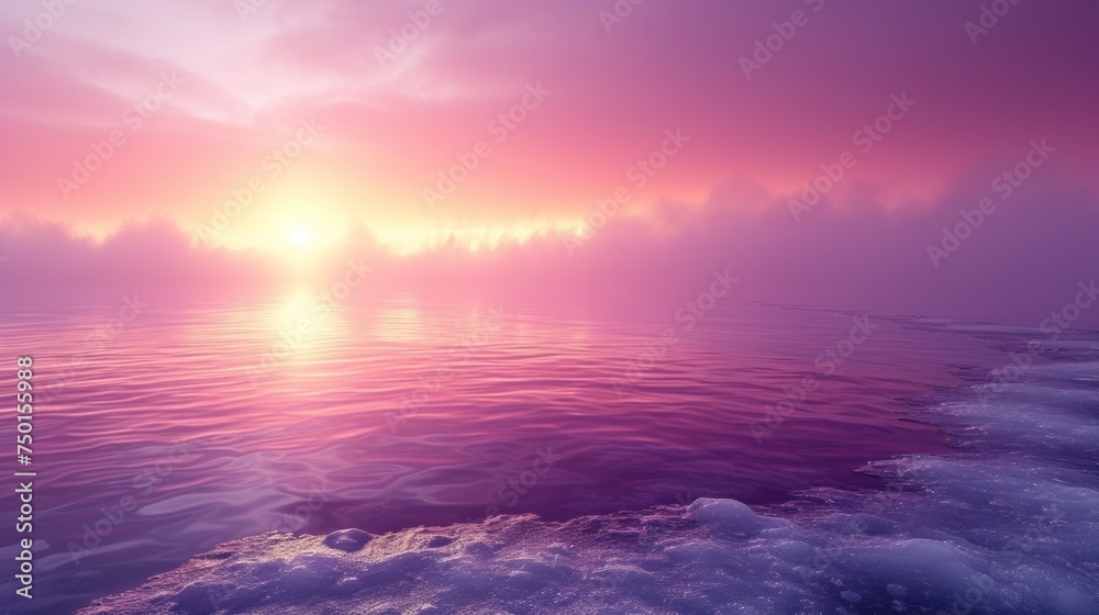 a large body of water with a boat in the middle of it and the sun rising over the horizon in the distance.