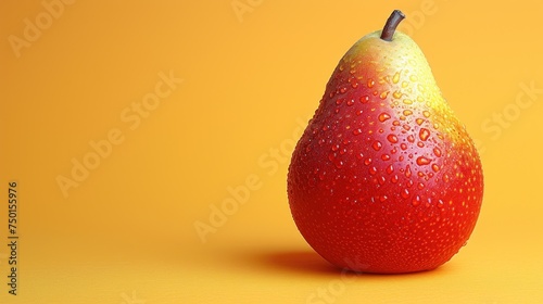 a close up of a fruit on a yellow background with a drop of water on the top of the fruit. photo