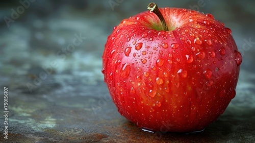 a close up of a red apple with drops of water on the top of it and a green stem in the middle of the picture. photo