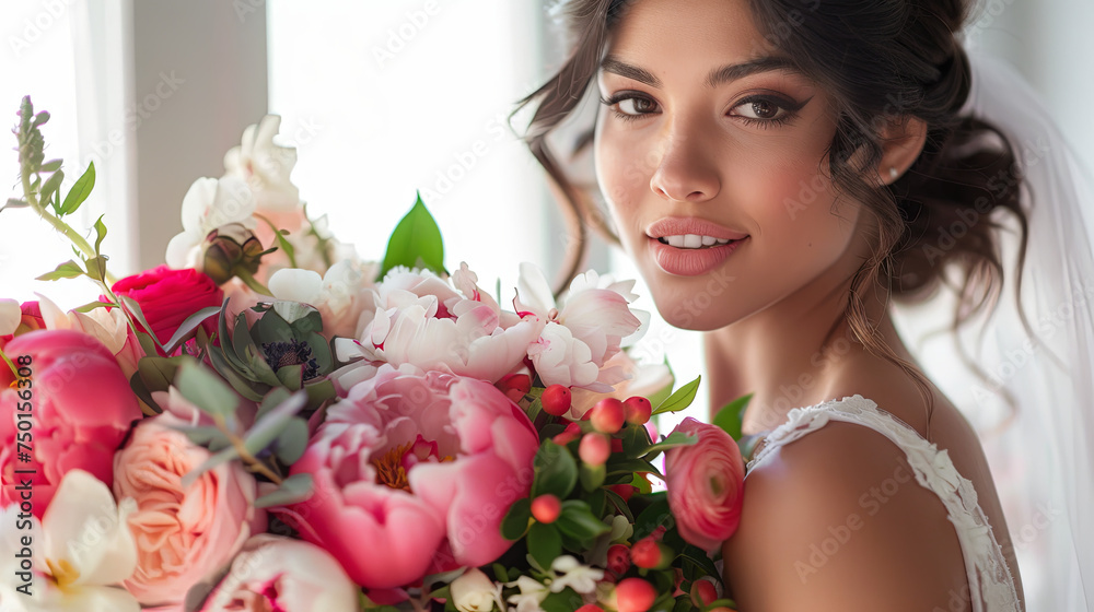 Beautiful bride holding a bouquet of peonies at a wedding Beautiful bride holding a bouquet of peonies at a wedding