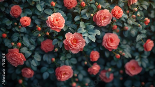 a bunch of pink roses that are blooming on a bush with green leaves in the foreground and a blue sky in the background.