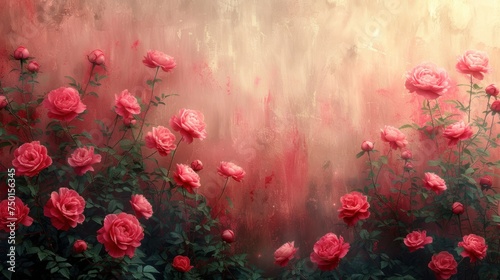 a painting of pink roses in front of a pink wall with green leaves and pink flowers in the foreground. © Sonya