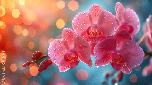 a close up of a pink flower with drops of water on it and a blurry background of red and pink flowers.