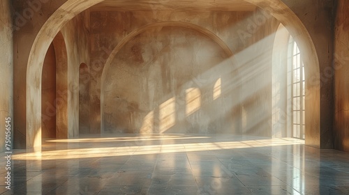an empty room with sunlight streaming through the window and light coming in through the arch on the wall and on the floor. photo