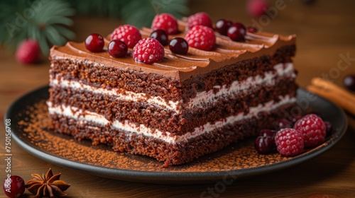  a piece of cake with chocolate frosting and raspberries on a plate with cinnamon sticks and a pine cone on the side of the cake is on a wooden table.