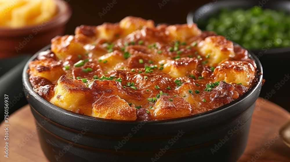 a close up of a casserole on a plate on a table with other food items in the background.