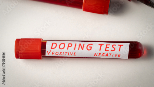 Doping Test, Inscription doping test with positive result. Tubes with athlete's blood taken for doping.