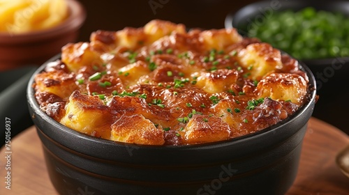 a close up of a casserole on a plate on a table with other food items in the background.