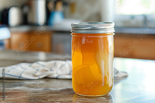 Refreshing fermented tea mushroom Kombucha drink with mint nor lemon on a white kitchen table. Healthy eating concept.