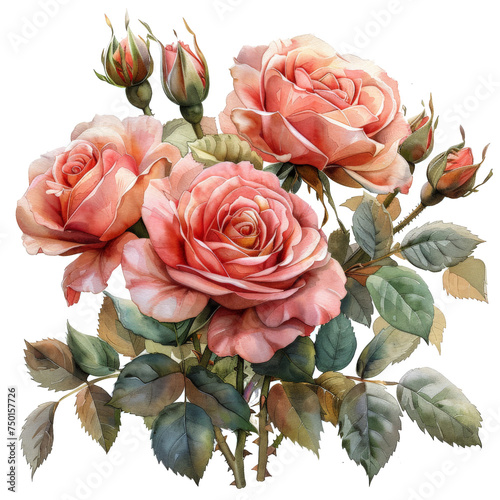 watercolor painting of a bouquet of vintage roses. Isolated transparent backg...