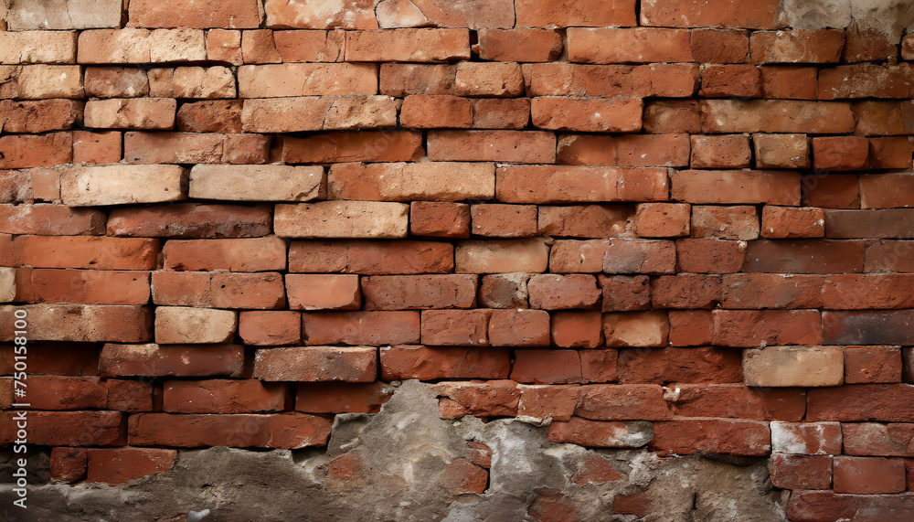 Fragment of old brickwork, close-up. Red brick wall. Potholes and ...