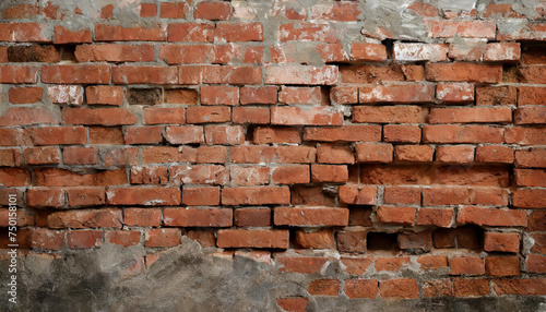 Fragment of old brickwork, close-up. Red brick wall. Potholes and defects in a brick wall. Flat lay, close-up. Cracks and defects of red brick on the wall. building houses, texture