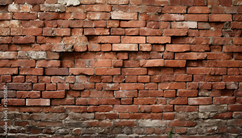 Fragment of old brickwork  close-up. Red brick wall. Potholes and defects in a brick wall. Flat lay  close-up. Cracks and defects of red brick on the wall. building houses  texture