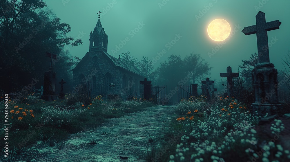 Cemetery at night - obrazy, fototapety, plakaty 