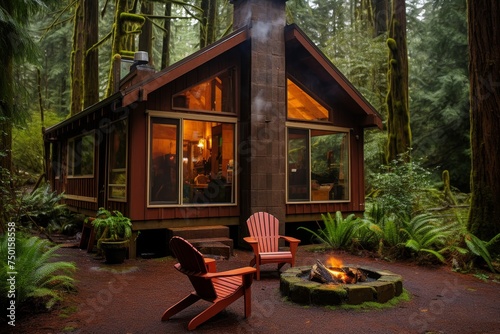 Cozy forest cabin with warm fireplace, rustic wooden exterior, tall trees, and winding path photo