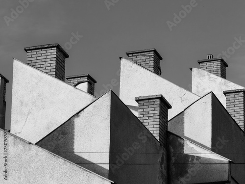 ising above. Building rooftop brick chimneys against the vast skyline. Black and white, monochrome.