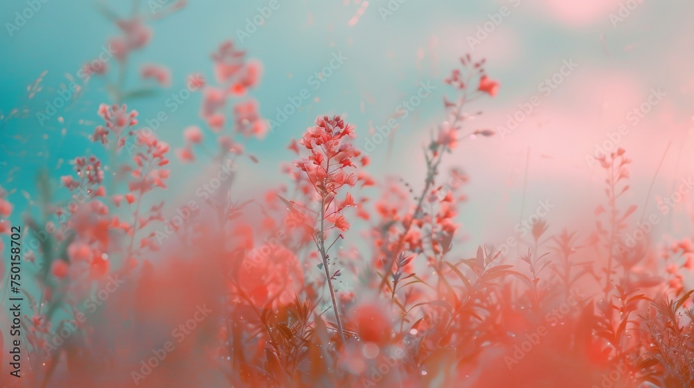 Misty meadow with red wildflowers in soft focus. Serene landscape with red blooms in a dreamy haze. Artistic representation of a field with red flora and misty atmosphere.