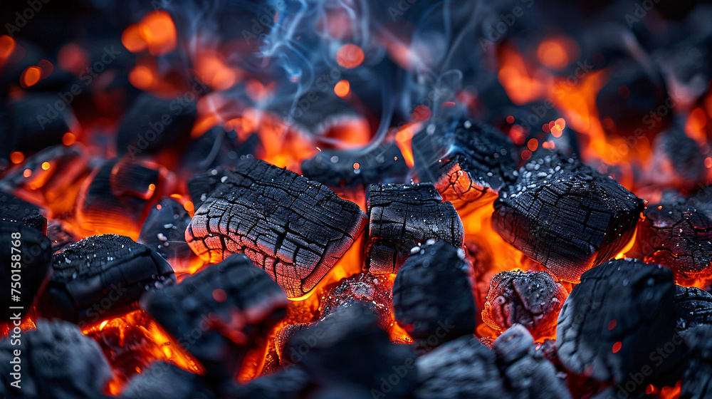 Barbecue Grill Pit With Glowing And Flaming Hot Charcoal Briquettes, Close-Up Barbecue Grill Pit With Glowing And Flaming Hot Charcoal Briquettes, Close-Up