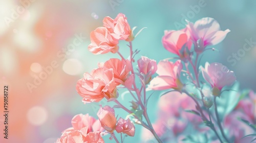 Pastel pink flowers blooming under soft sunlight with a dreamy vibe. Romantic floral background with light pink blooms and soft glow. Gentle pink floral arrangement in a soft light composition.