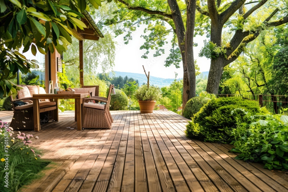 A wooden deck with a table and chairs, surrounded by trees and flowers