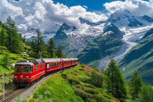 A red train is traveling through a mountainous area