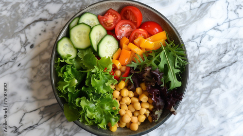 A bowl of colorful fresh vegetable salad with pepper tomatoes chickpea pea raddish basil leaf cucumber