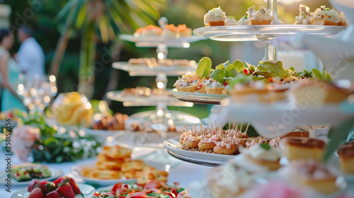 Outdoor Wedding or elegant party buffet table with fruity, sweet and salty appetizer little cake and bites 
